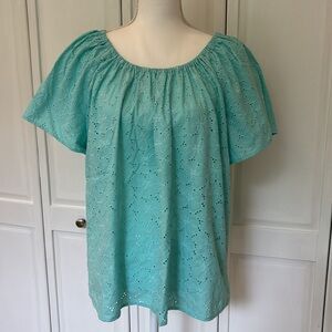 Aqua Eyelet Smocked Blouse